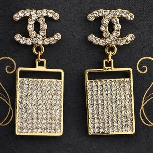 Gold Rhinestone CC-Inspired Dangle Earrings Glam Designer Look Sparkle